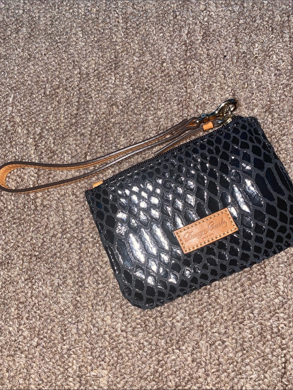 Dooney & Bourke Black Snake-Embossed Wristlet with Tan Trim